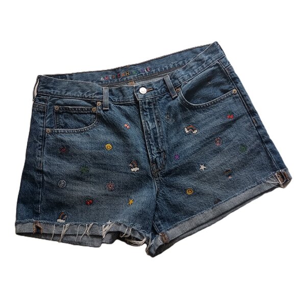 American Eagle Outfitters Pants - American Eagle Relaxed  Medium Wash Embroidered Frayed Shorts Women’s Size 12